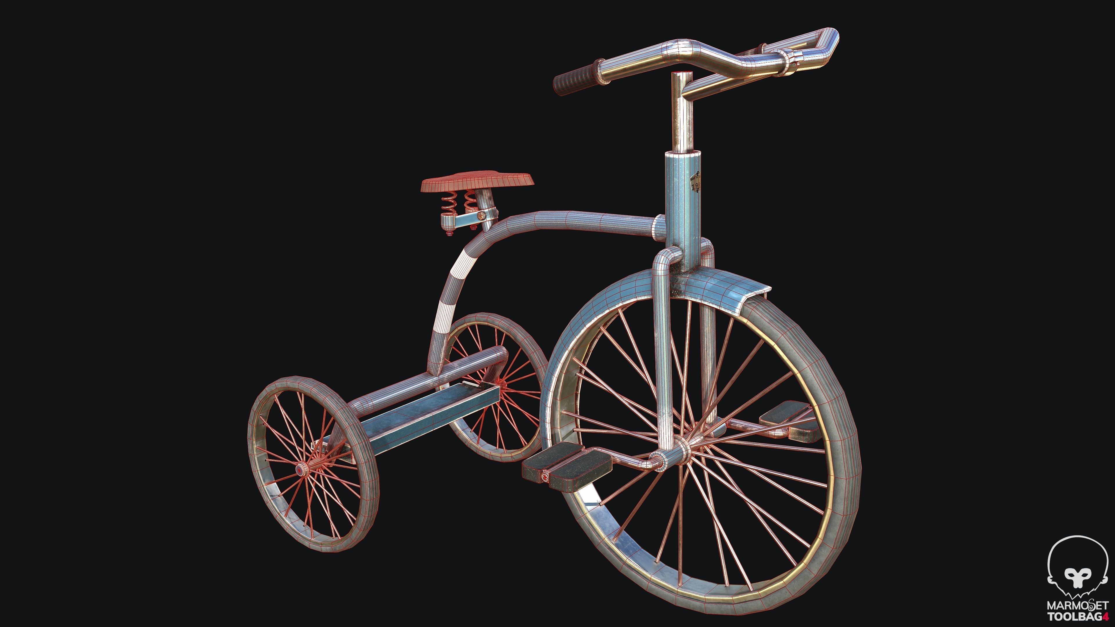 Old Kids Tricycle PBR Game Ready Low-poly 3D model_2