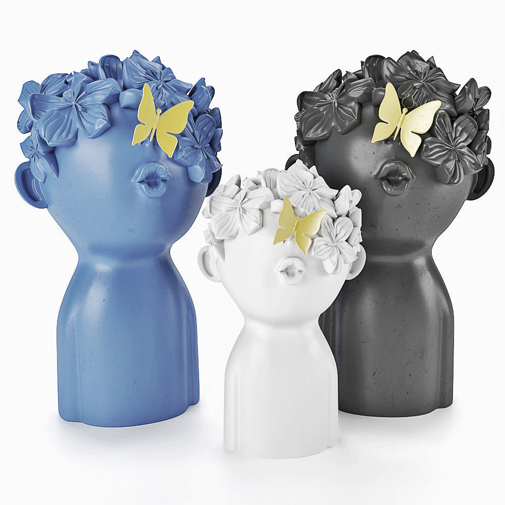Decore set three ceramic figurines with butterflies and flowers 3D model_1