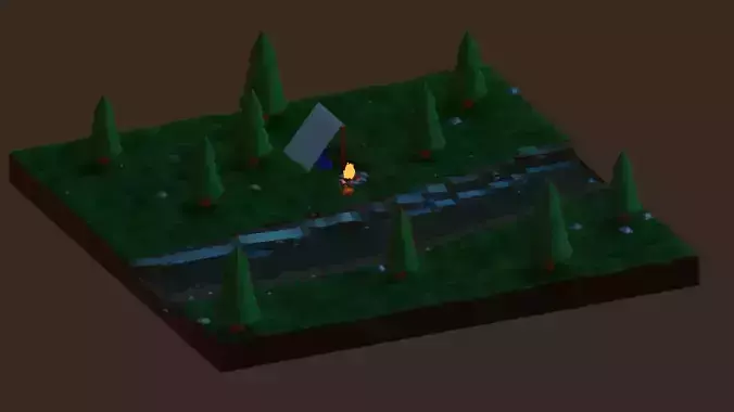 Low Poly Camping forest with trees and river