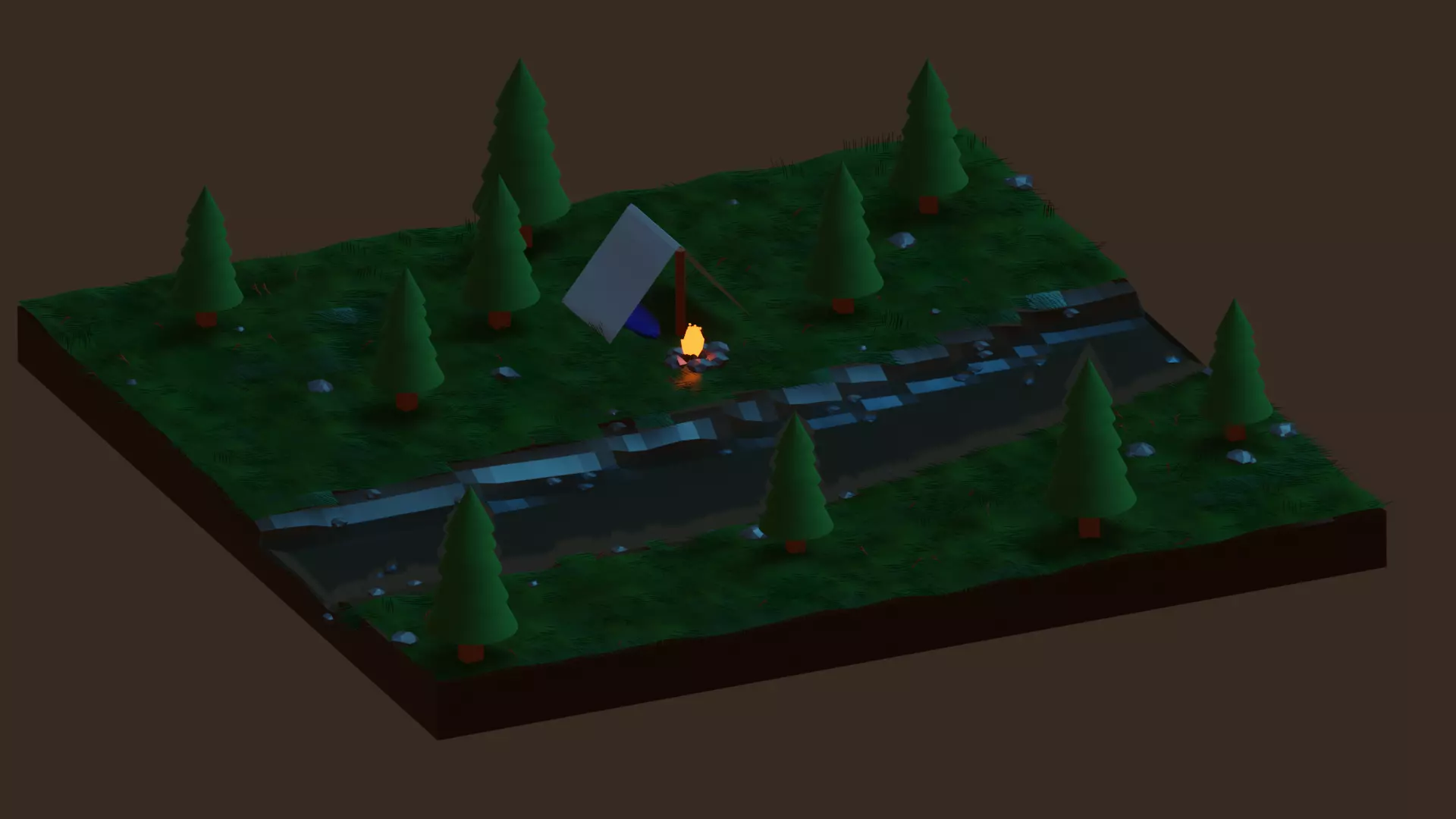 Low Poly Camping forest with trees and river 3D model