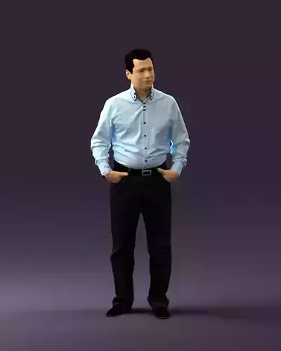 Man in bright blue tshirt jeans 0649