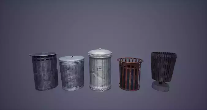 Dustbin Set Low Poly Game Ready metal trash can
