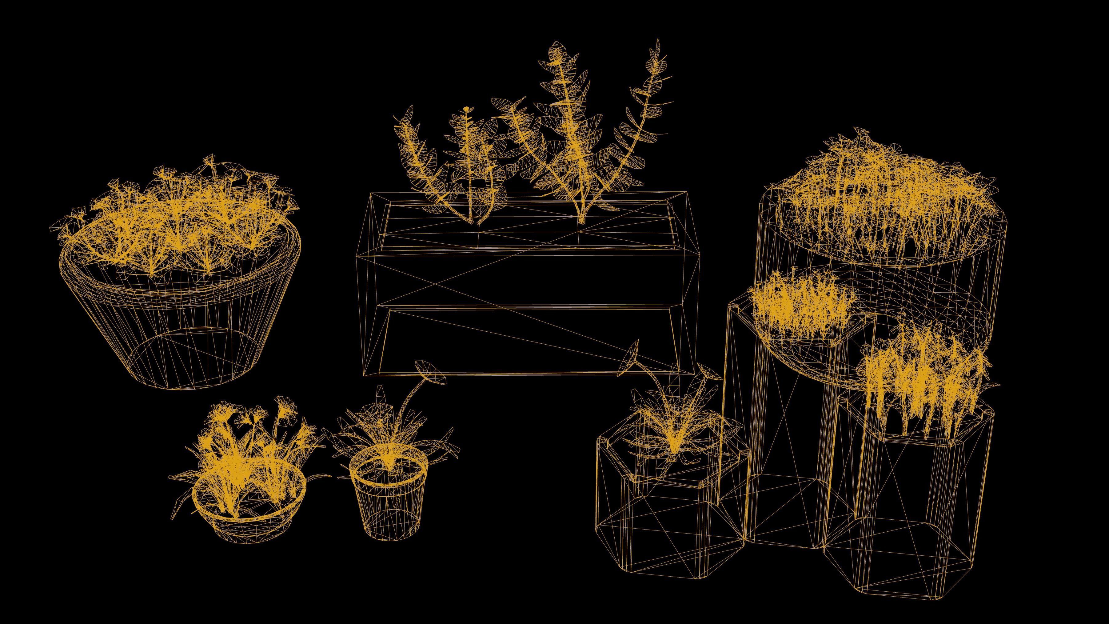 Flower Set Low Poly Game Ready planter in concrete block Low-poly 3D model_1