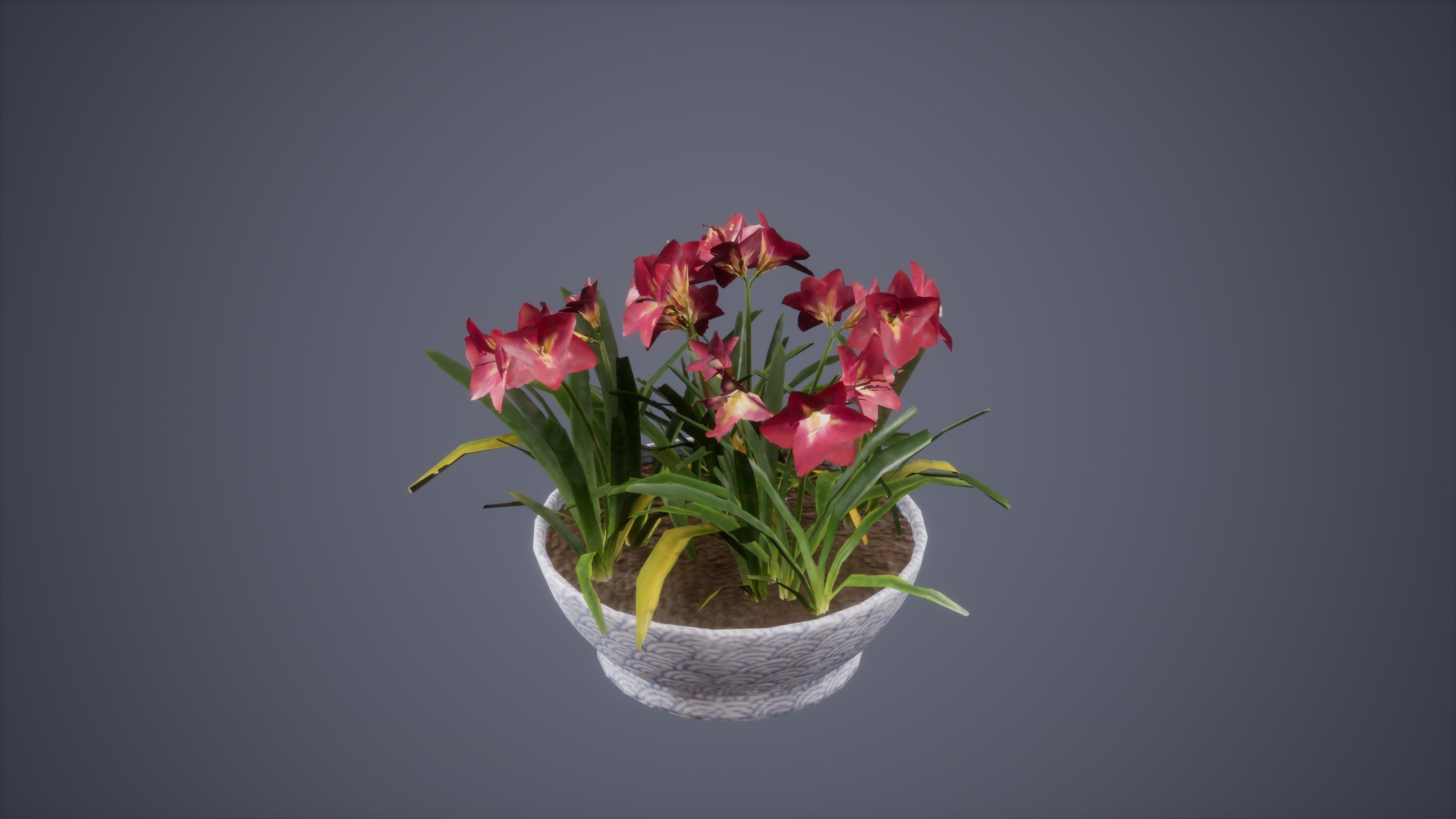 Flower Set Low Poly Game Ready planter in concrete block Low-poly 3D model_4