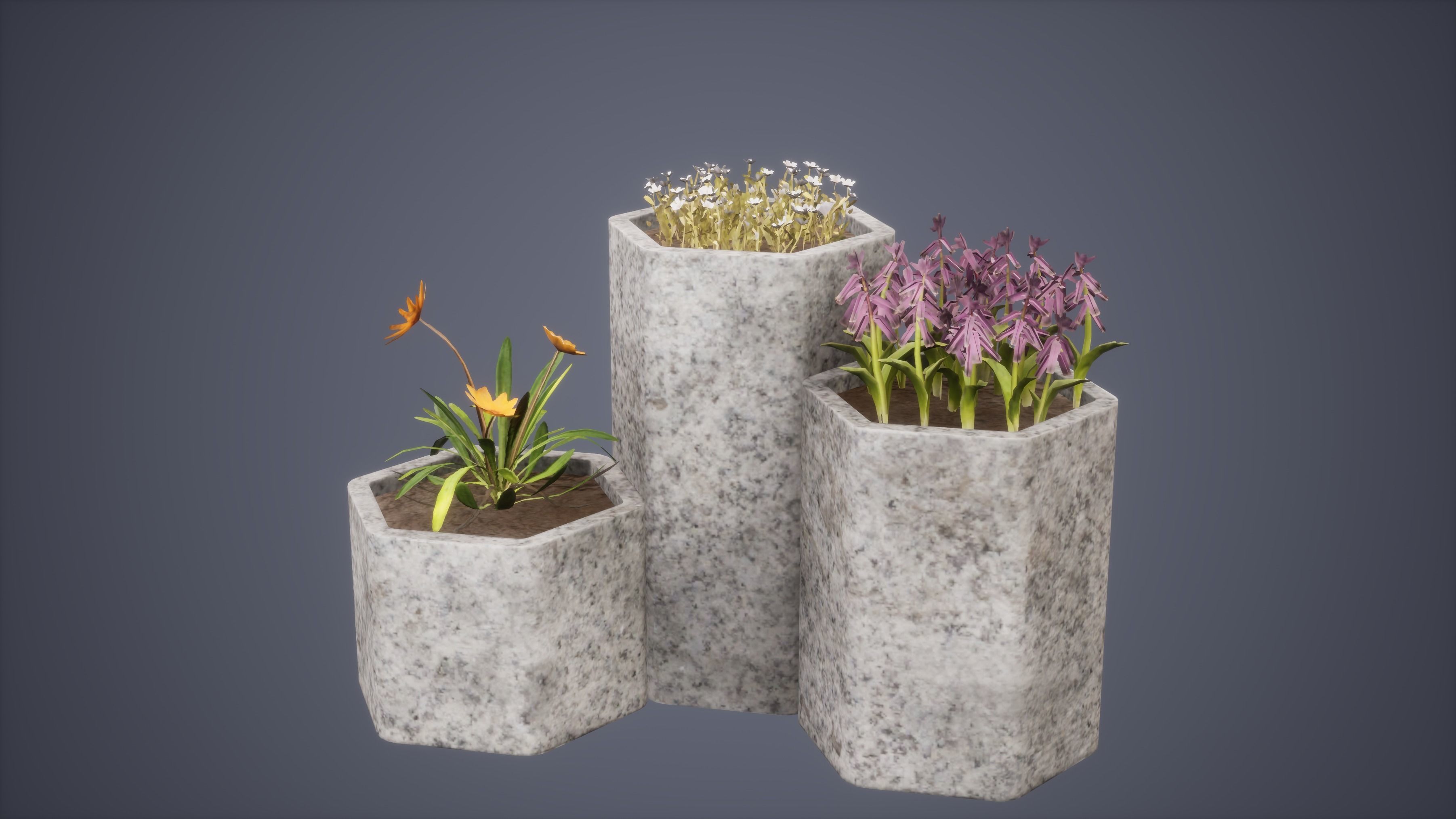 Flower Set Low Poly Game Ready planter in concrete block Low-poly 3D model_6