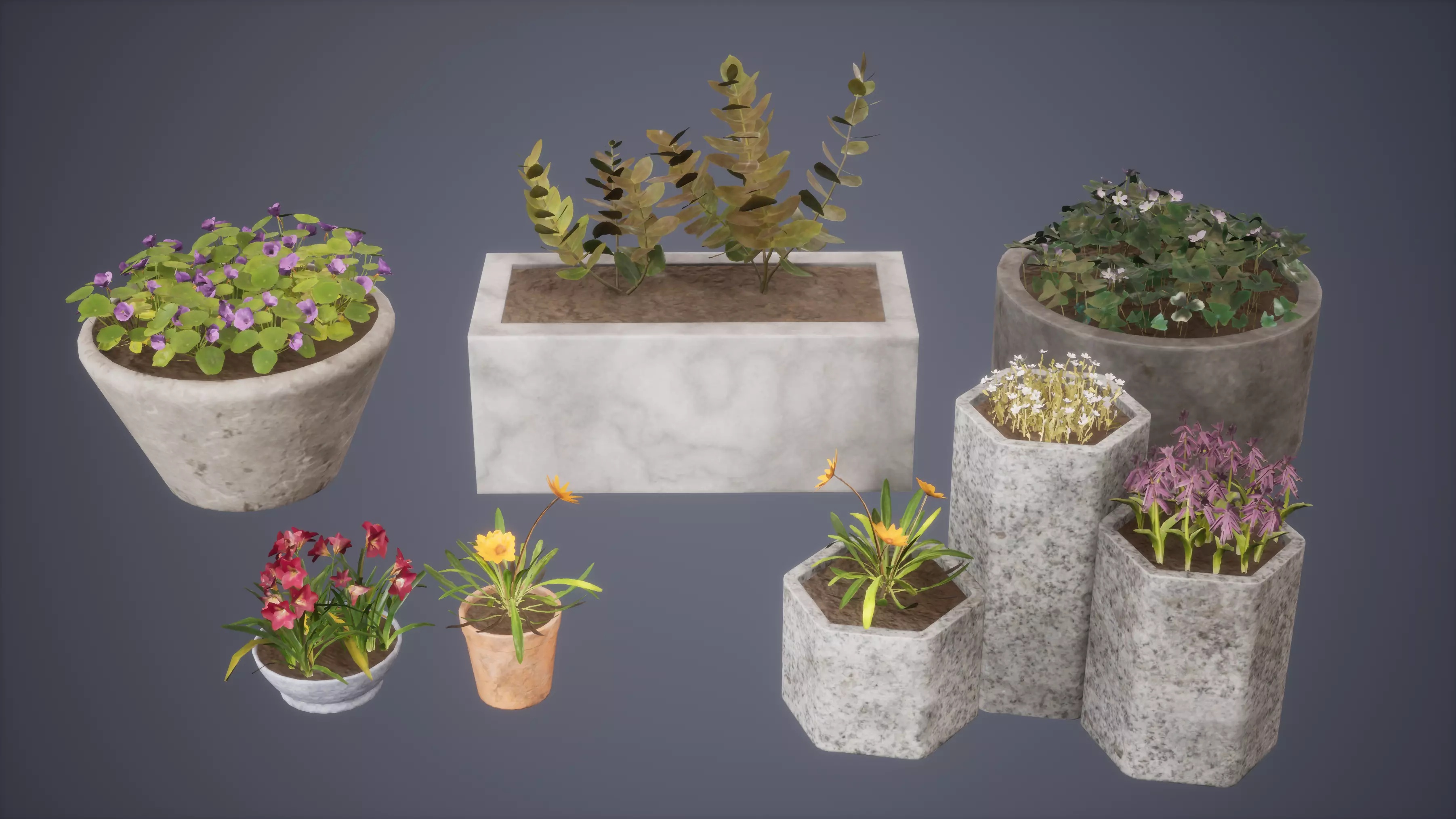Flower Set Low Poly Game Ready planter in concrete block Low-poly 3D model_0