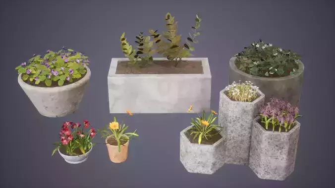Flower Set Low Poly Game Ready planter in concrete block Low-poly 3D model