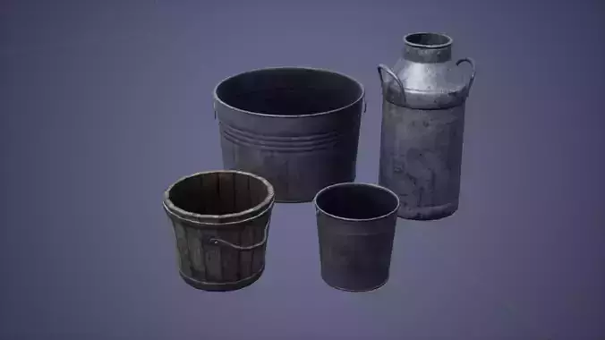 Metal Bucket Set Low Poly Game Ready 