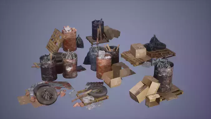 Debris Set Low Poly Game Ready metal cans and box Low-poly 3D model