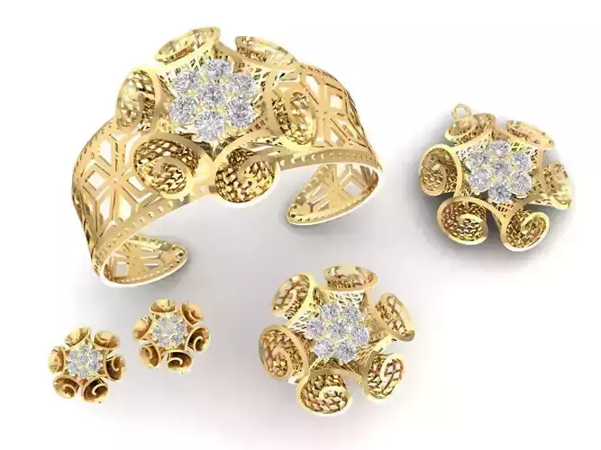 Elegant Floral Diamond Jewelry Set for Women 3D Model 1191