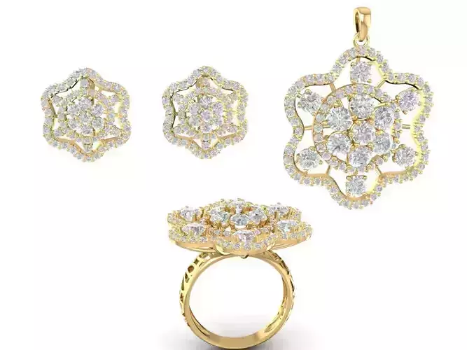 Floral Diamond Jewelry Set Ring Earrings Pendant 3D Model 1193
