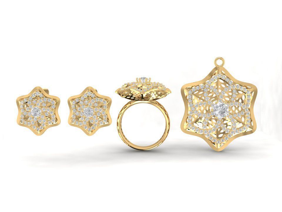 Floral Star Diamond Ring and Earrings Jewelry 3D Model 1195 3D print model_1