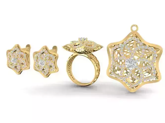 Floral Star Diamond Ring and Earrings Jewelry 3D Model 1195