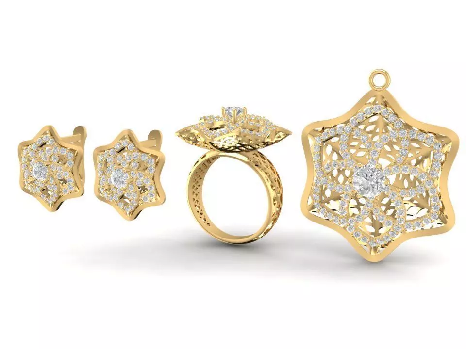 Floral Star Diamond Ring and Earrings Jewelry 3D Model 1195 3D print model_0
