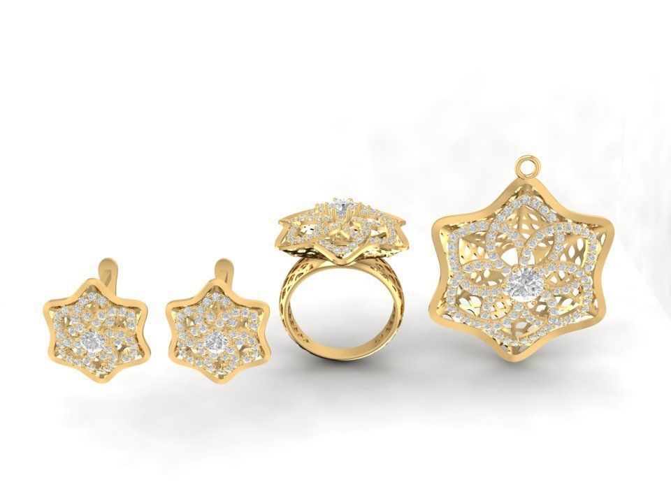 Floral Star Diamond Ring and Earrings Jewelry 3D Model 1195 3D print model_2