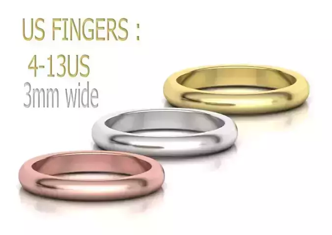 D shaped Wedding Band Heavy Ring 3mm wide 4-13US