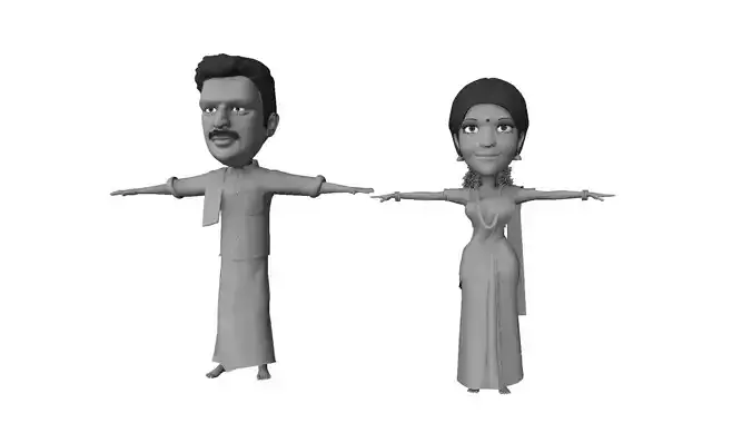 cartoon indian traditional dress for man and woman 3D model