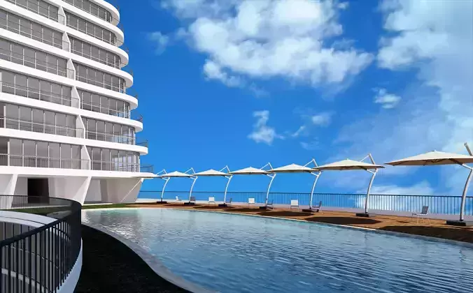 Hotel with swimming pool and lounge chairs