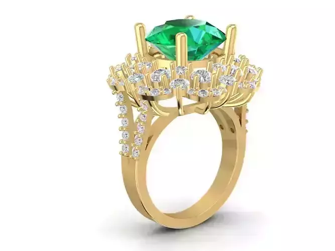 Round Cut Emerald Diamond Halo Gold Ring 3D Model 722