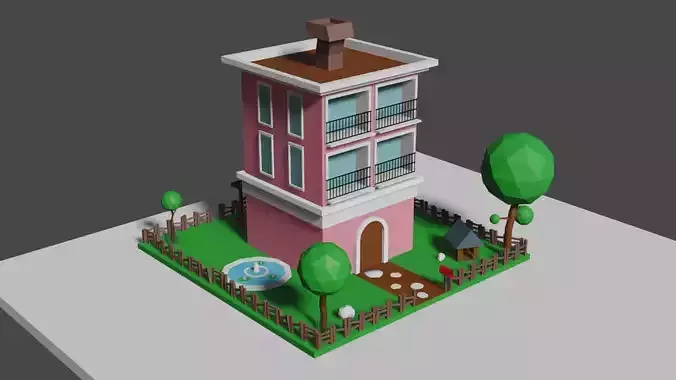 Low Poly Building with Pool and Garden