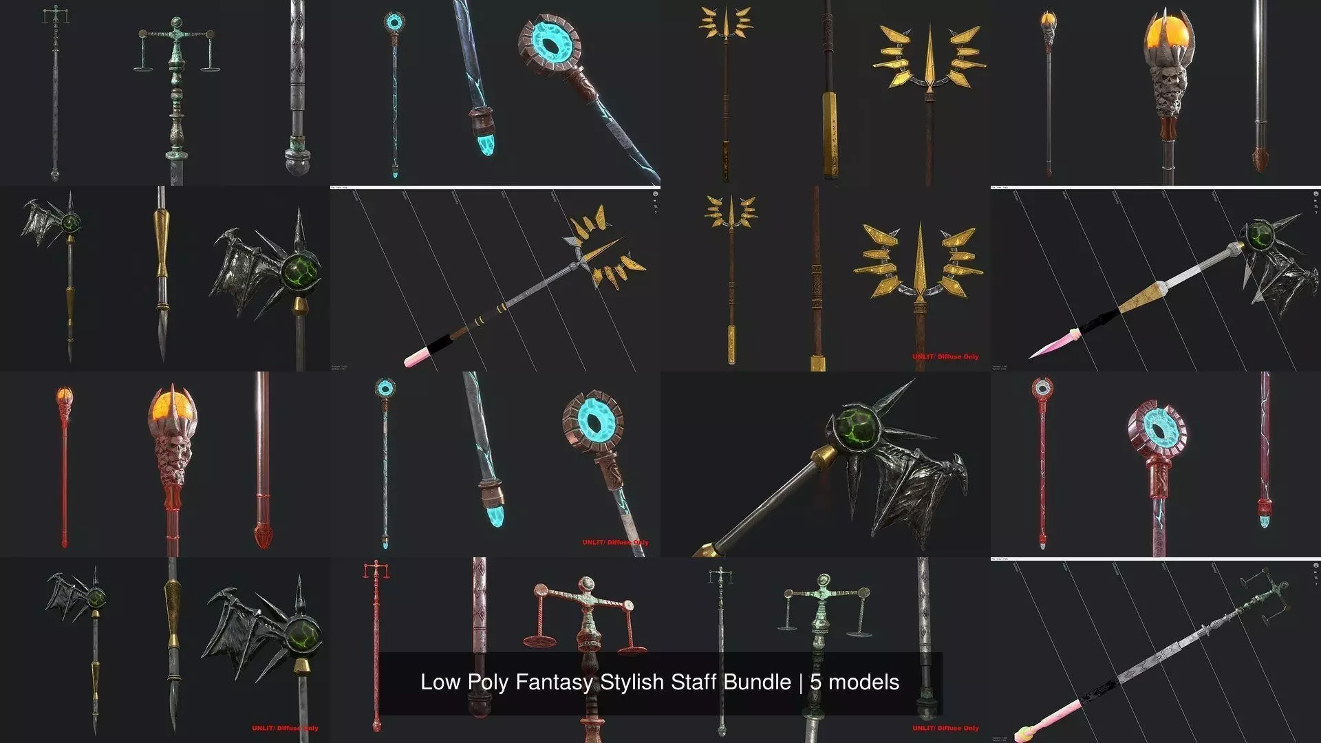 Low Poly Fantasy Stylish Staff Bundle 3D Model Collection_0