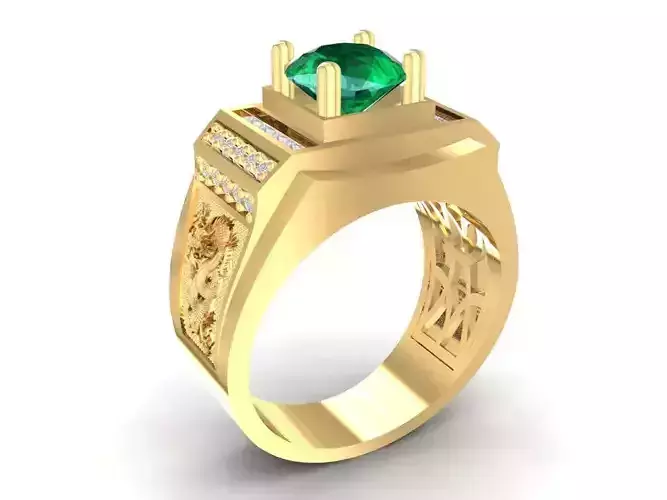 Mens Chinese Dragon Emerald Gold Ring 3D Model    523