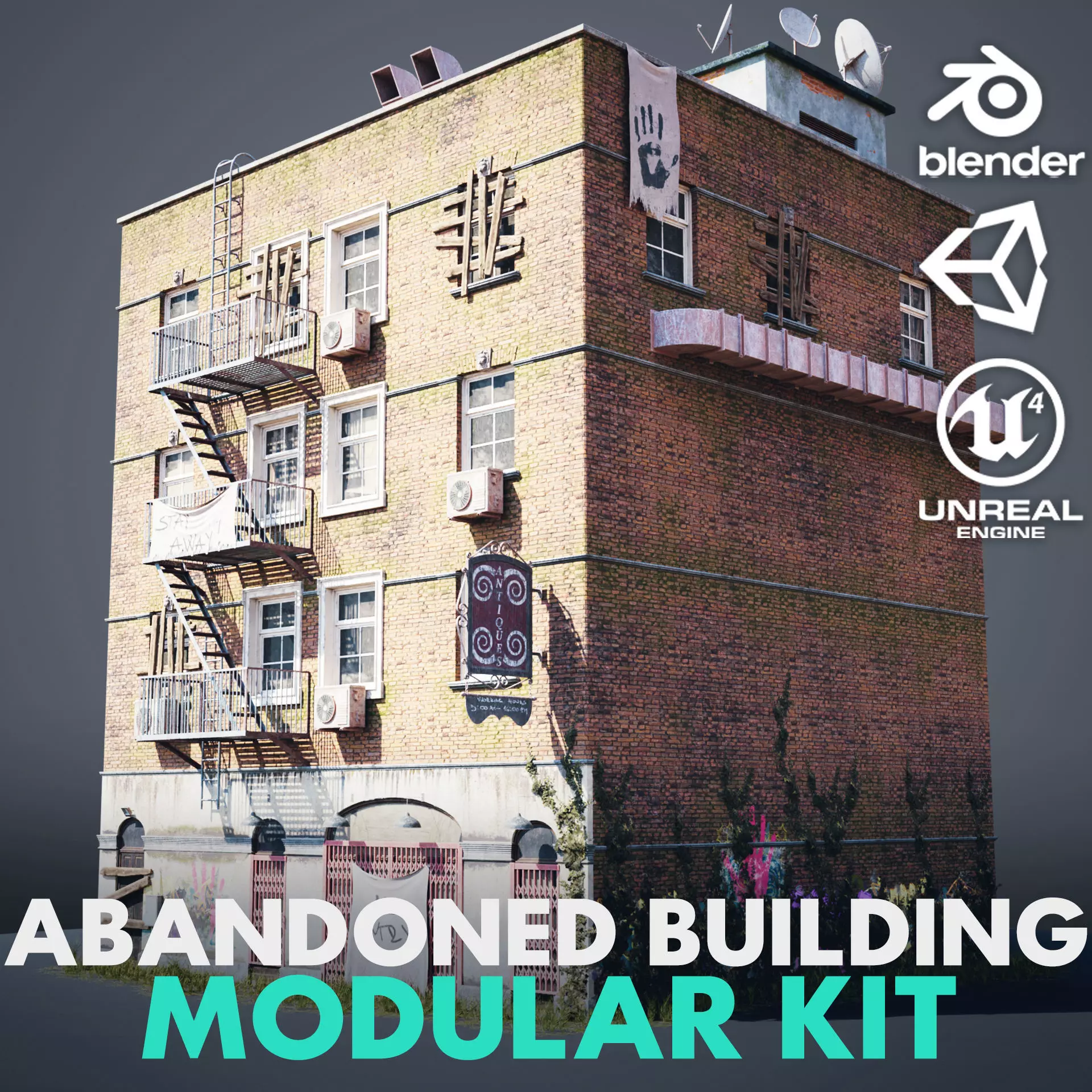 Abandoned building modular kit Low-poly 3D model_0