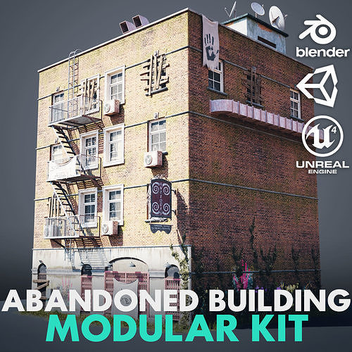Abandoned building modular kit Low-poly 3D model