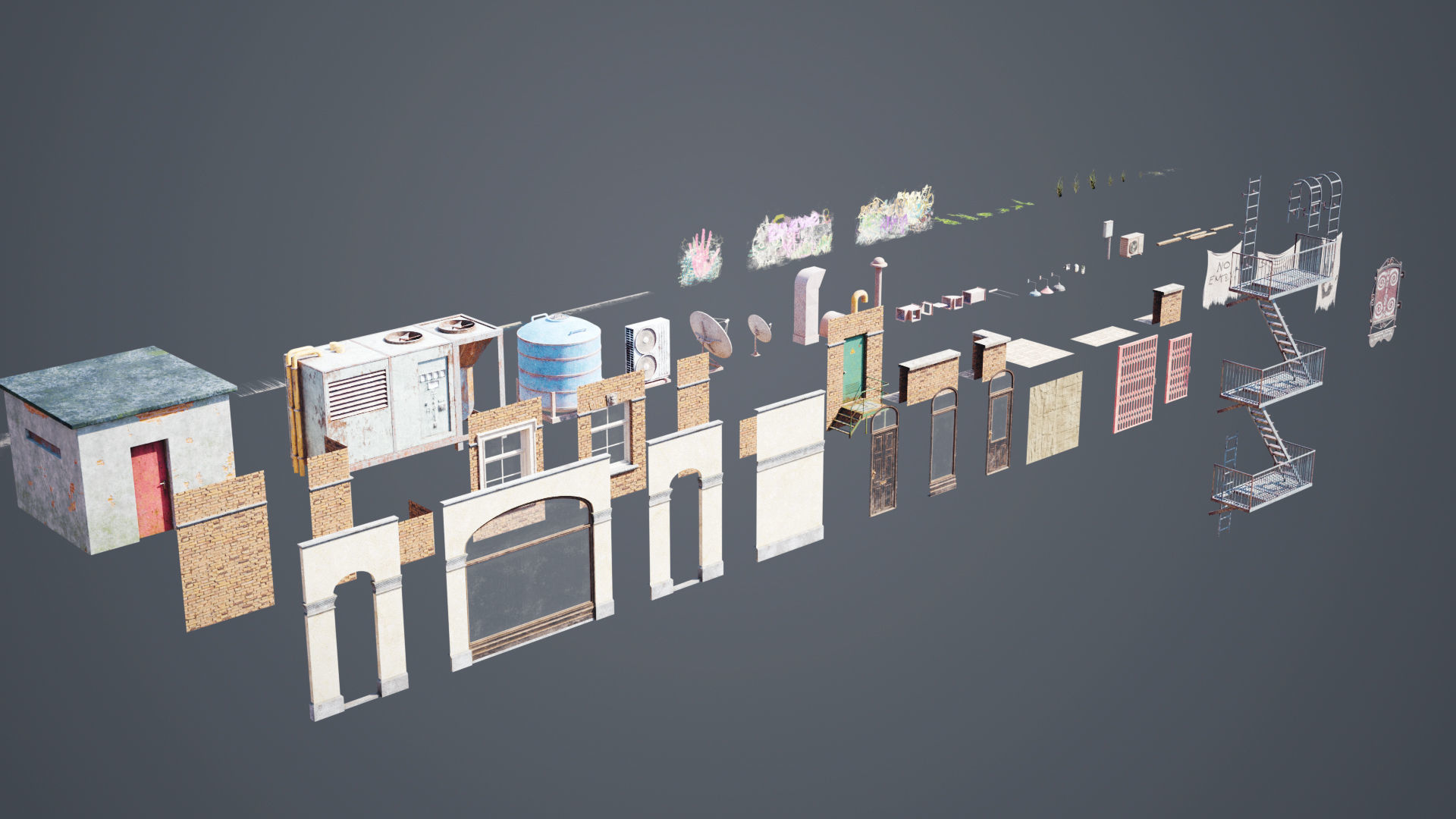 Abandoned building modular kit Low-poly 3D model_5