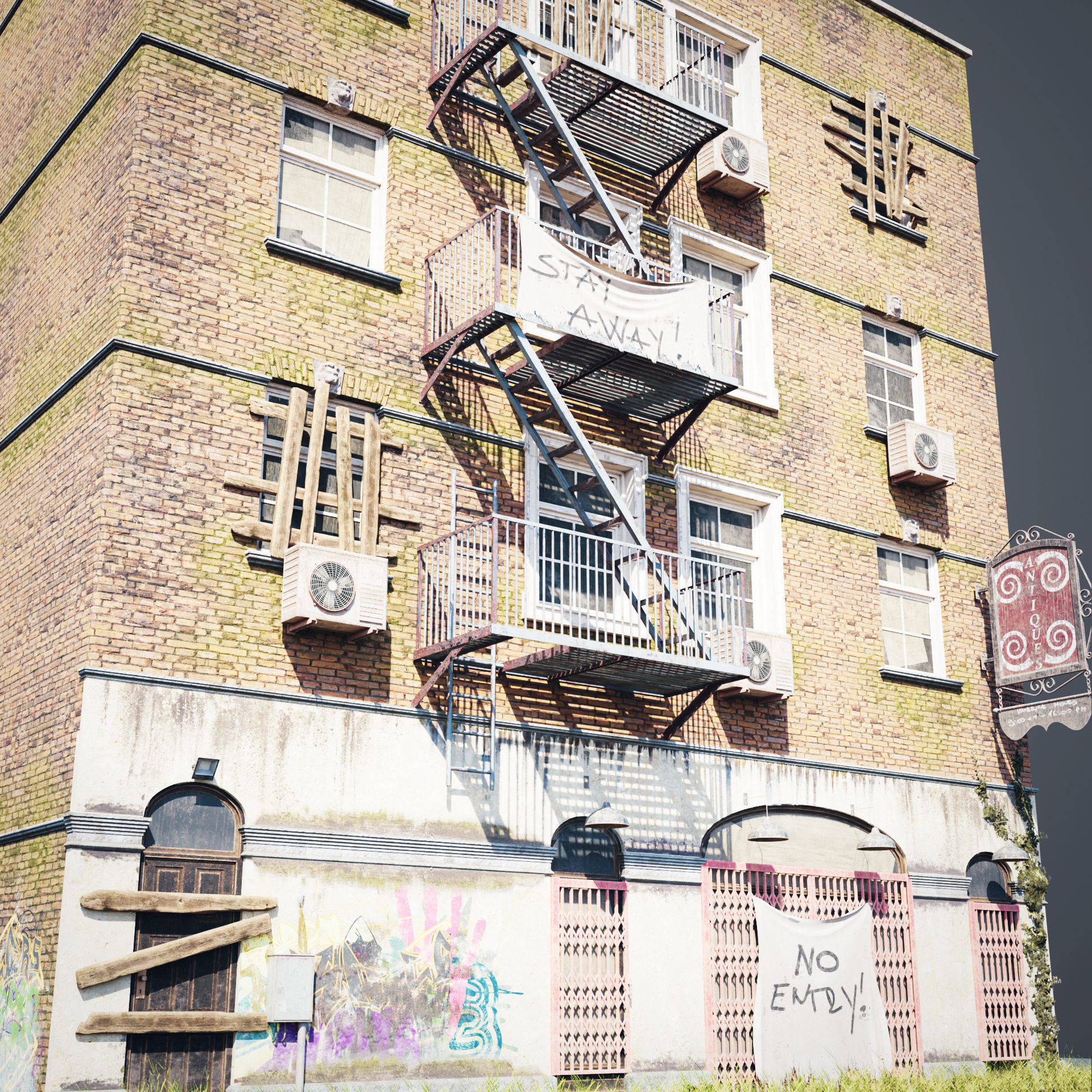 Abandoned building modular kit Low-poly 3D model_3