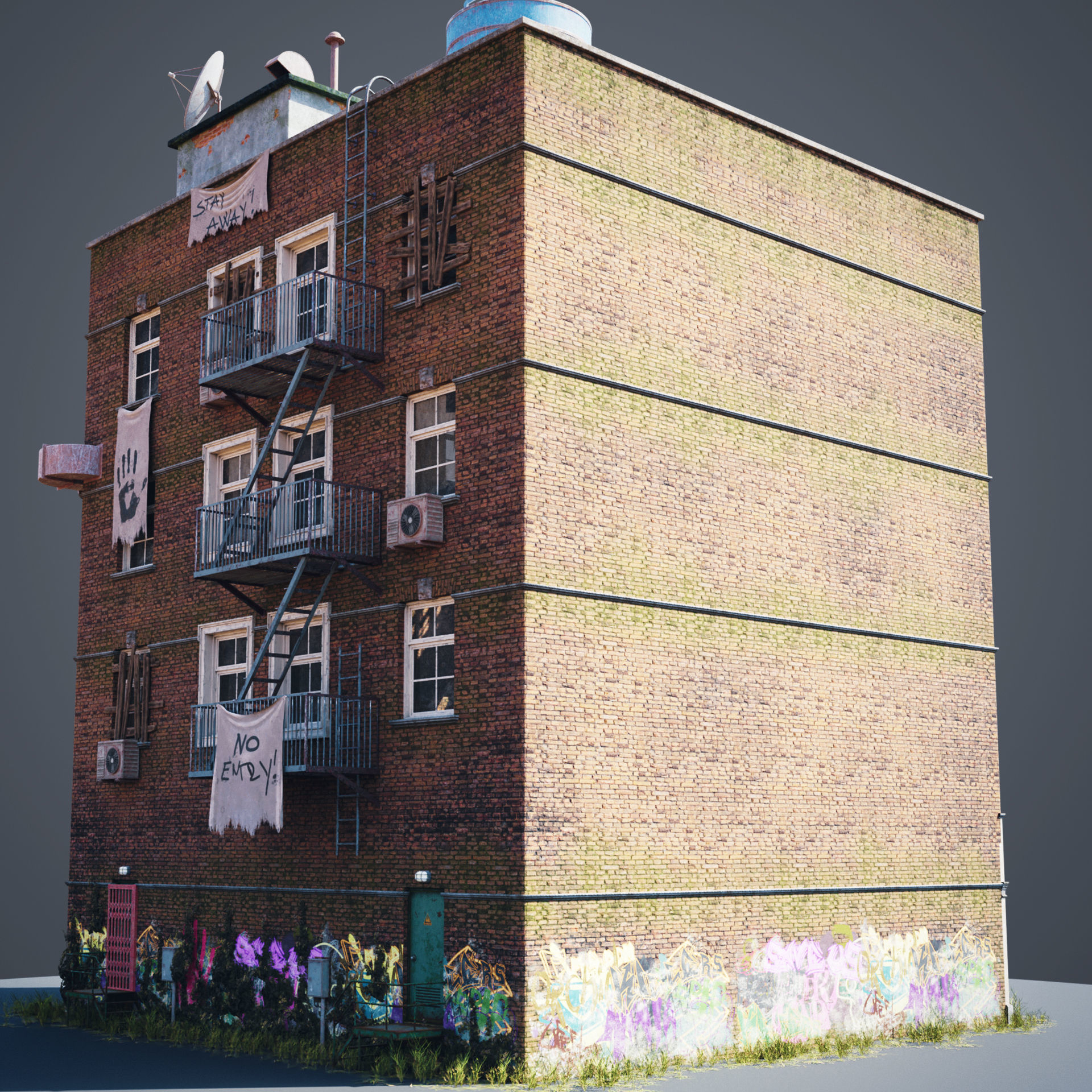 Abandoned building modular kit Low-poly 3D model_2