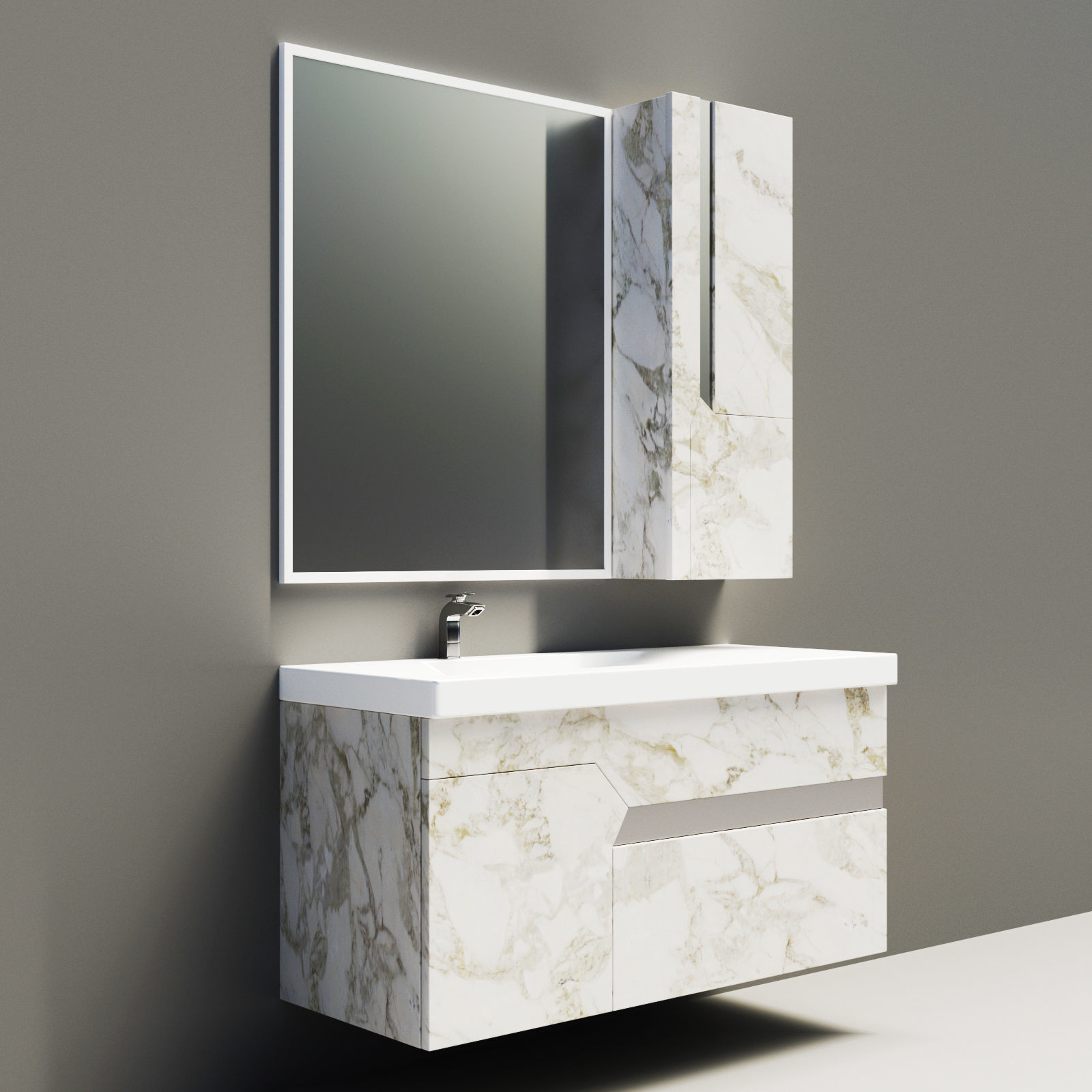 Bathroom vanity with marble top and mirror Low-poly 3D model_1