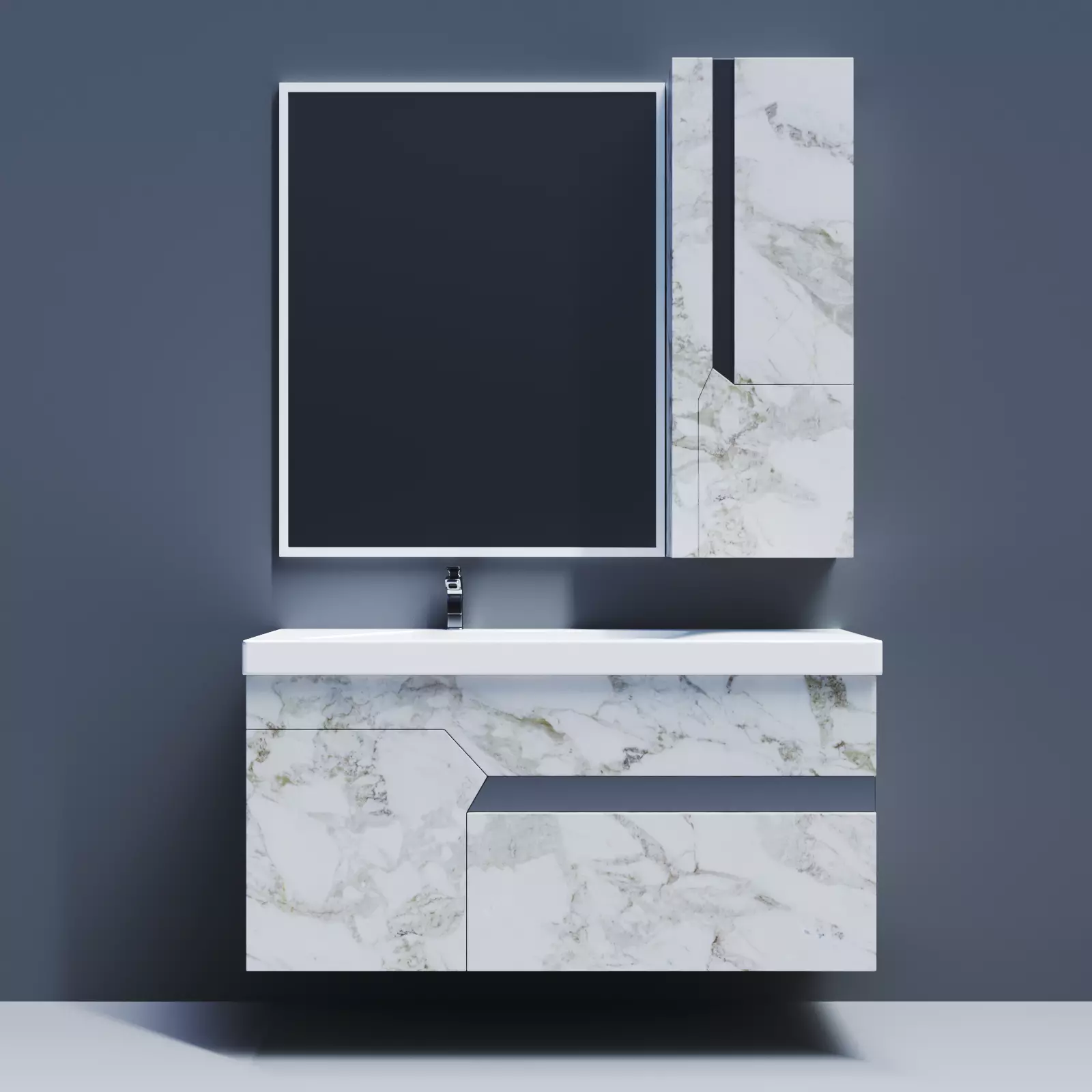 Bathroom vanity with marble top and mirror Low-poly 3D model_0