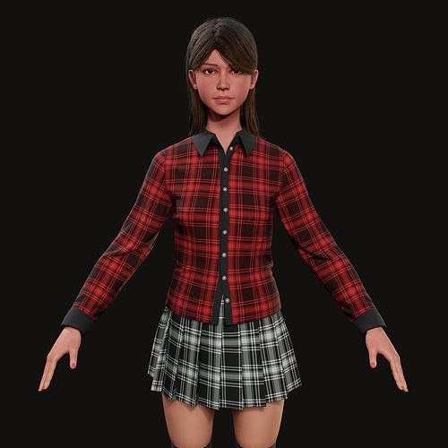 Schoolgirl girl in plaid skirt and stockings 3D model