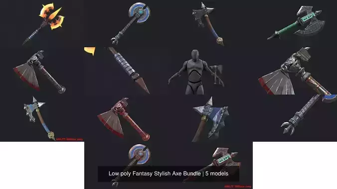 Low poly Fantasy Stylish Axe Bundle 3D Model Collection