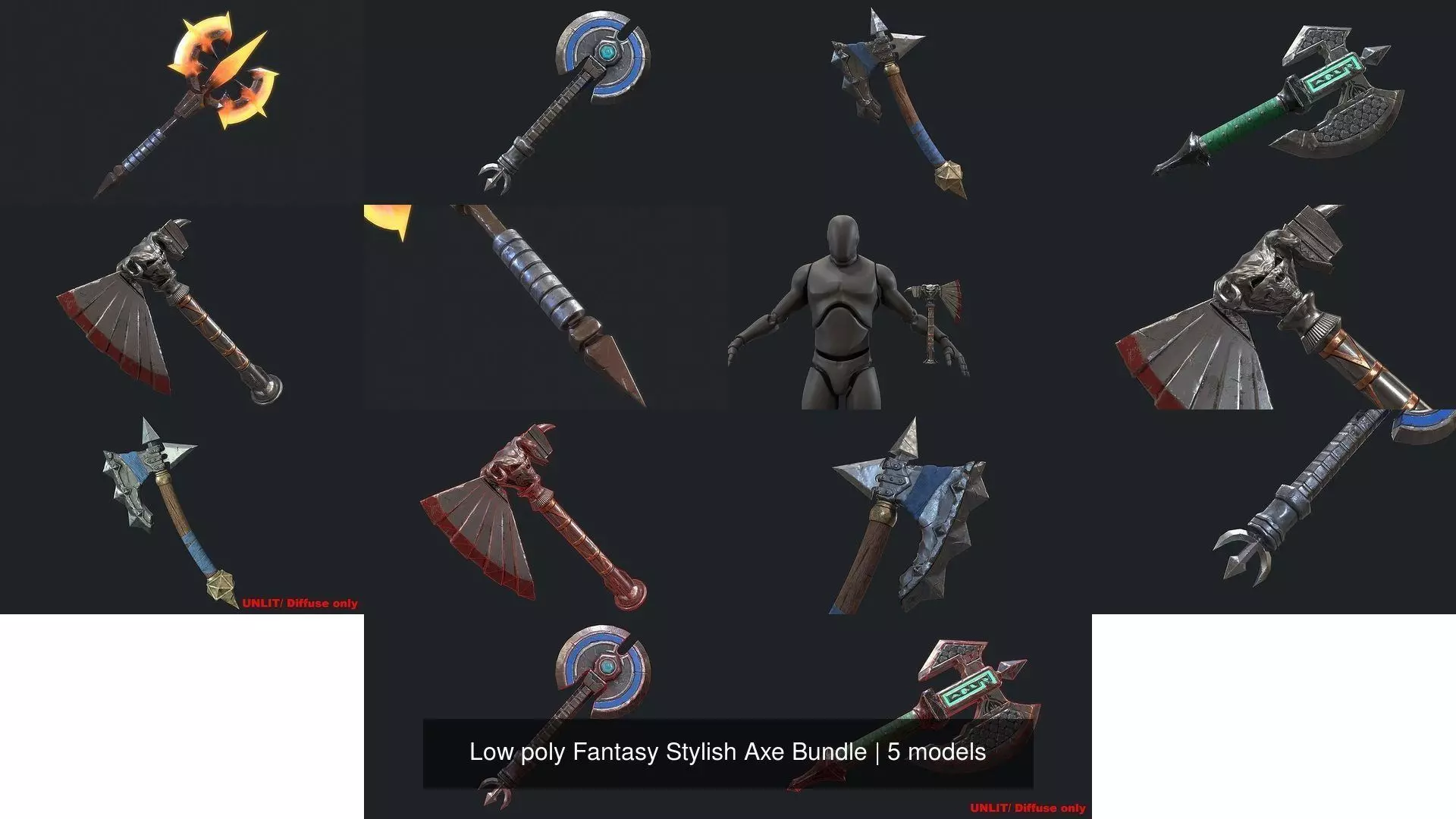 Low poly Fantasy Stylish Axe Bundle 3D Model Collection_0