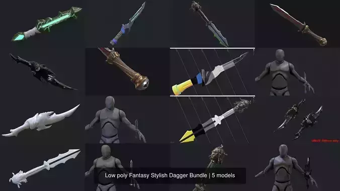 Low poly Fantasy Stylish Dagger Bundle 3D Model Collection