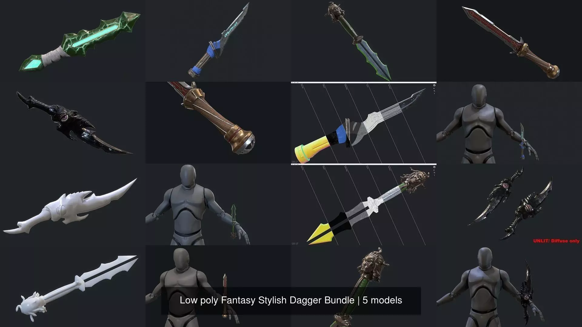 Low poly Fantasy Stylish Dagger Bundle 3D Model Collection_0