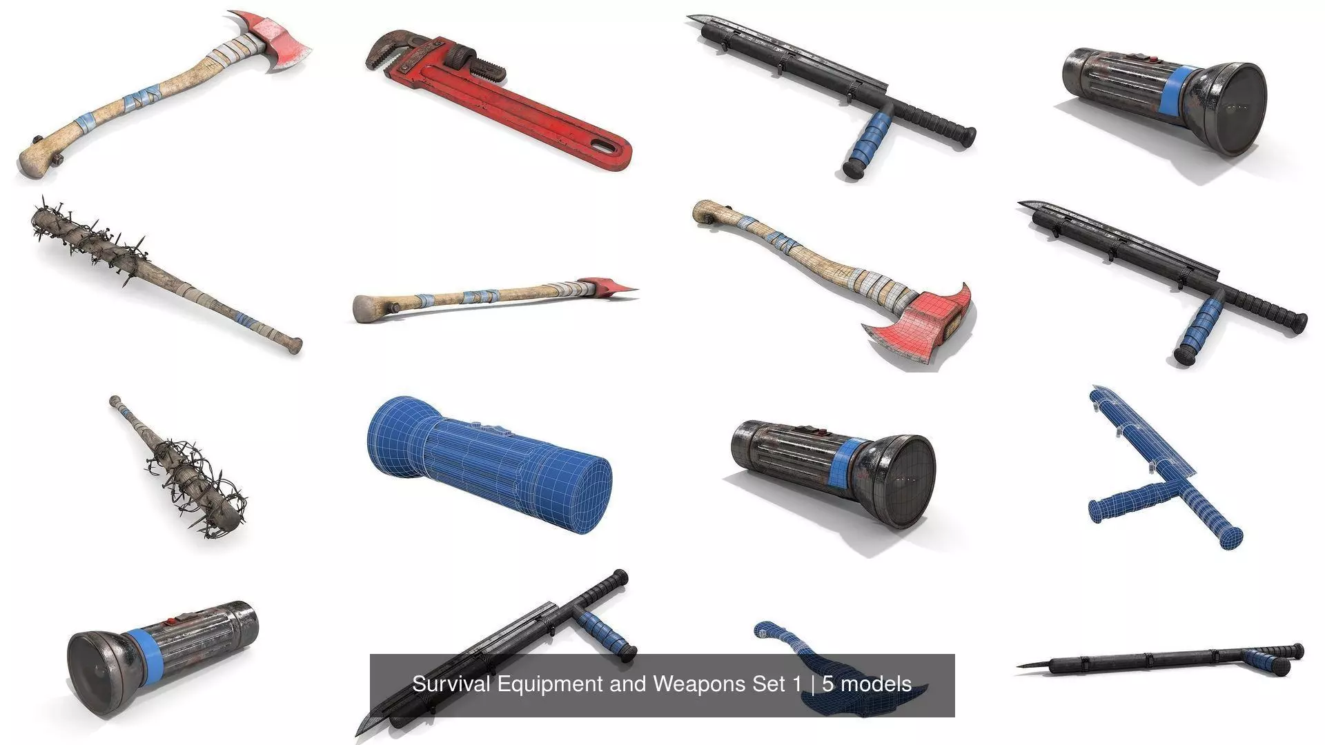 Survival Equipment and Weapons Set 1 3D Model Collection_1