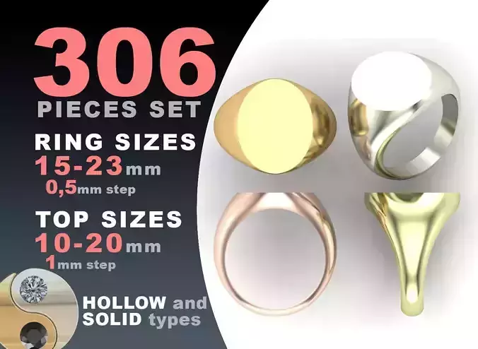 Signet rings set ELLIPSE top 3D print model