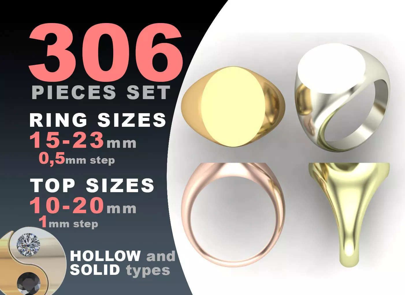 Signet rings set ELLIPSE top 3D print model_0