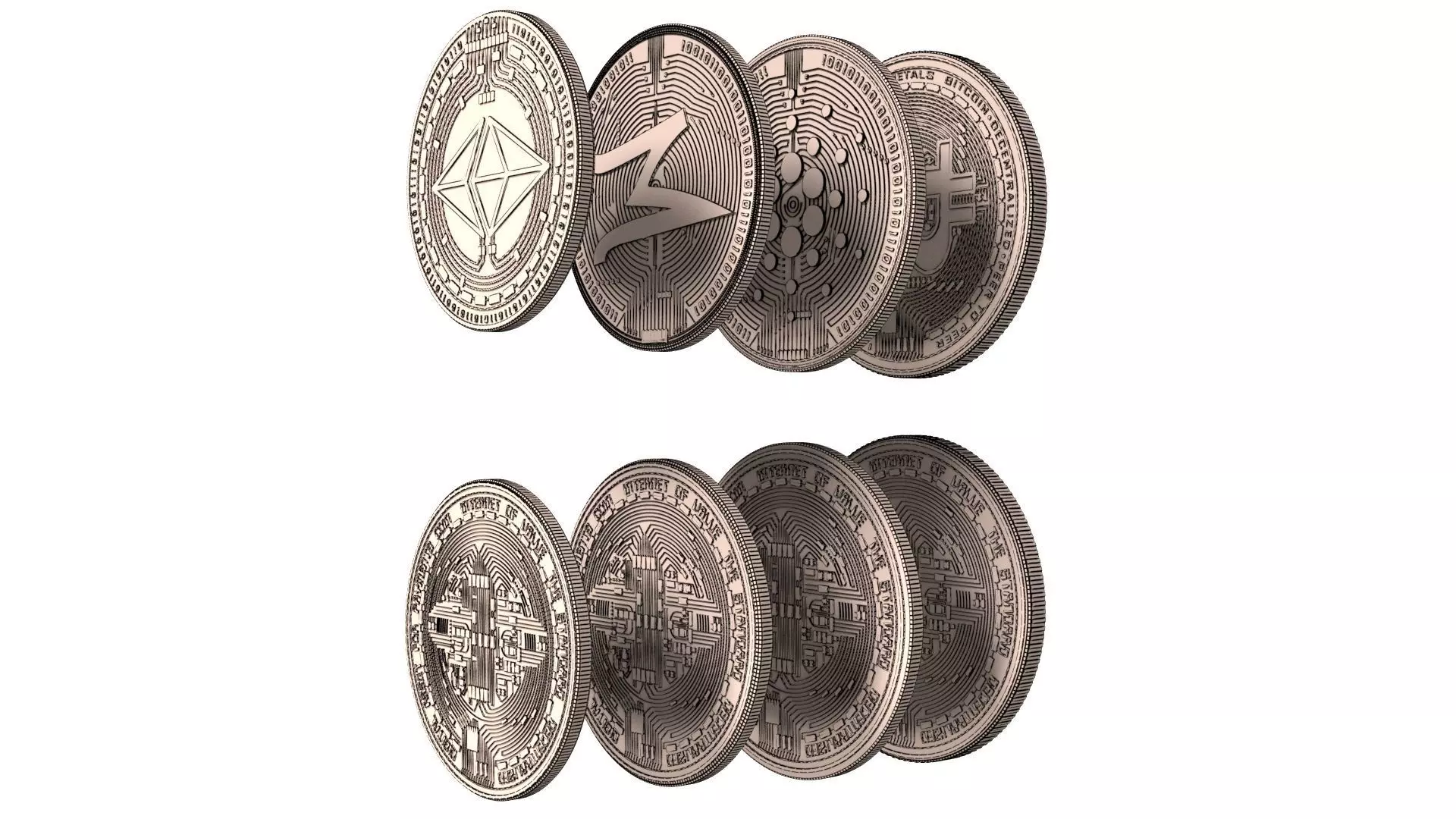 3d crypto coins Bitcoin Ethereum Monero Cardano 3D model_0