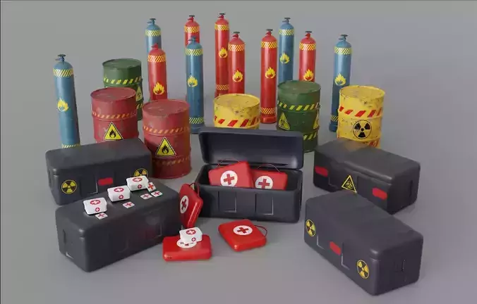 Barrel Crate Medicine pack Gas cylinders for game and visual use Low-poly 3D model