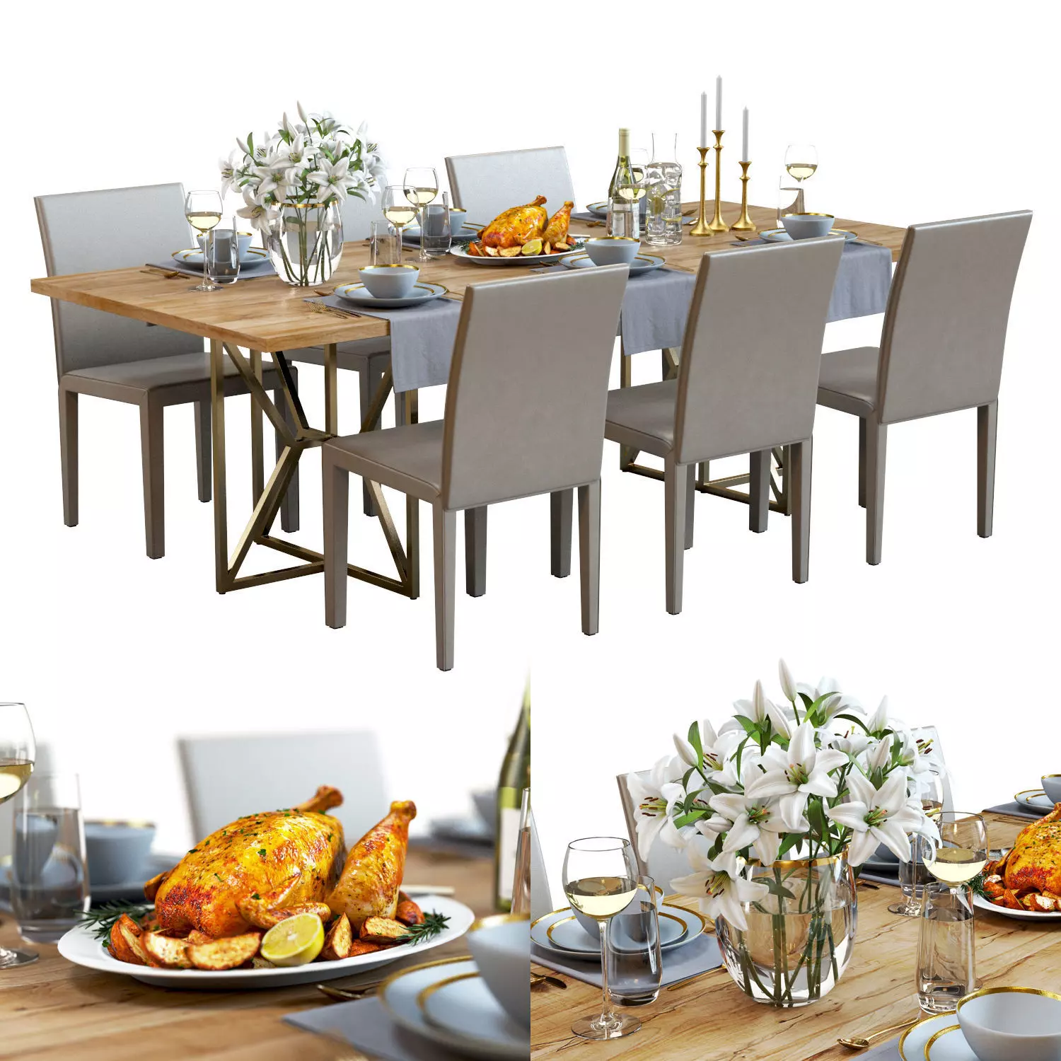 Table Set 01 - Crate and Barrel - Lilies - Roasted Chicken 3D model_0