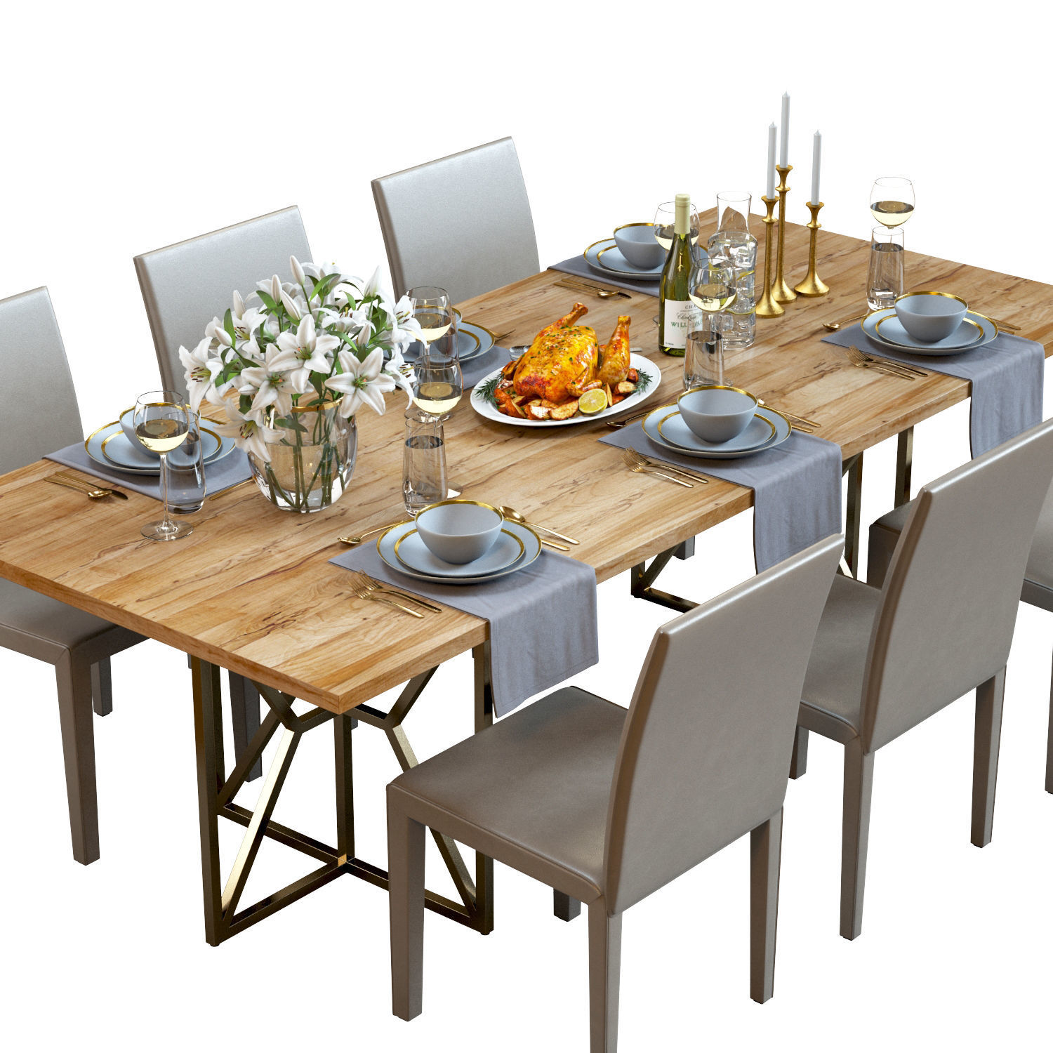 Table Set 01 - Crate and Barrel - Lilies - Roasted Chicken 3D model_1
