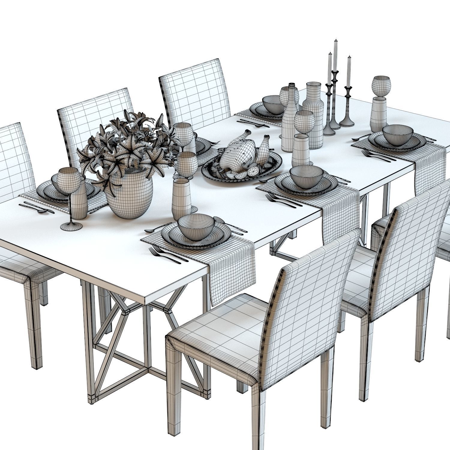 Table Set 01 - Crate and Barrel - Lilies - Roasted Chicken 3D model_2