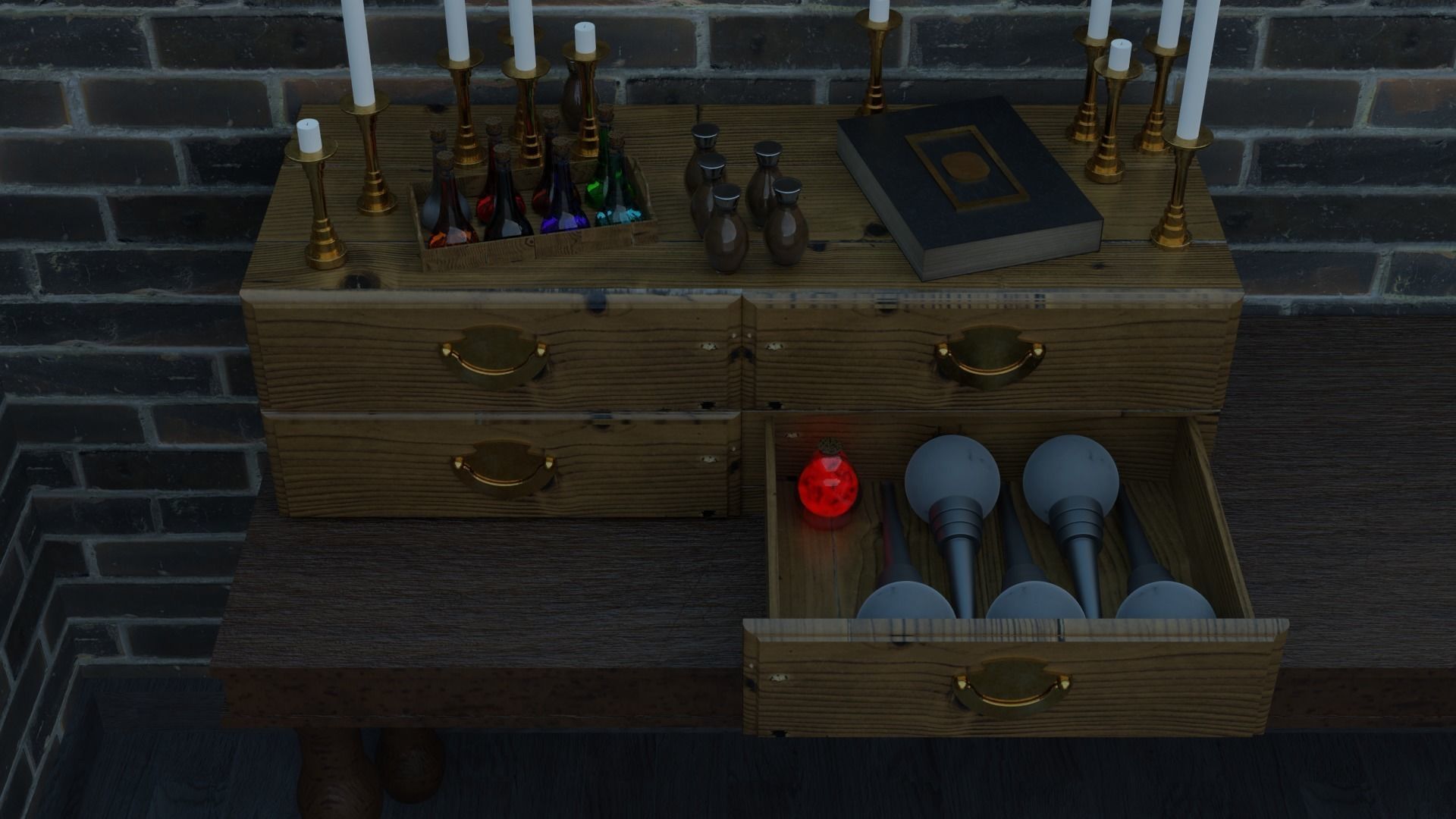 Potion or alchemy desktop drawers with assets 3D model_6