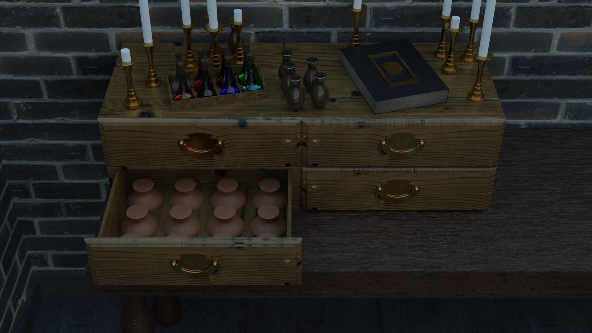 Potion or alchemy desktop drawers with assets 3D model_4