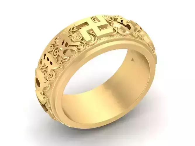 Asian Buddhist Prayer Carved Gold Band Ring for Men 762