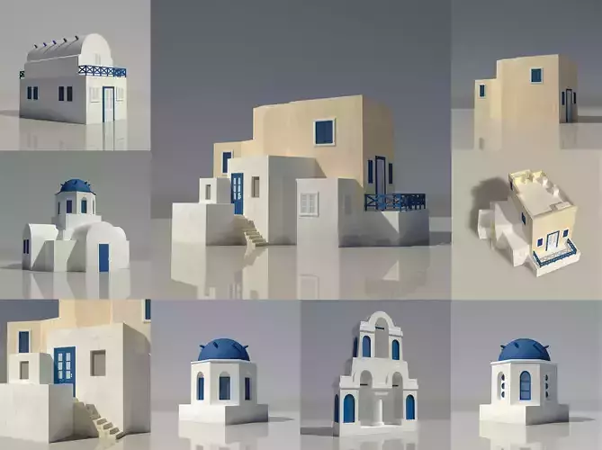 Santorini Blue and White Greek 3D Buildings x 7 Models  Low-poly 3D model